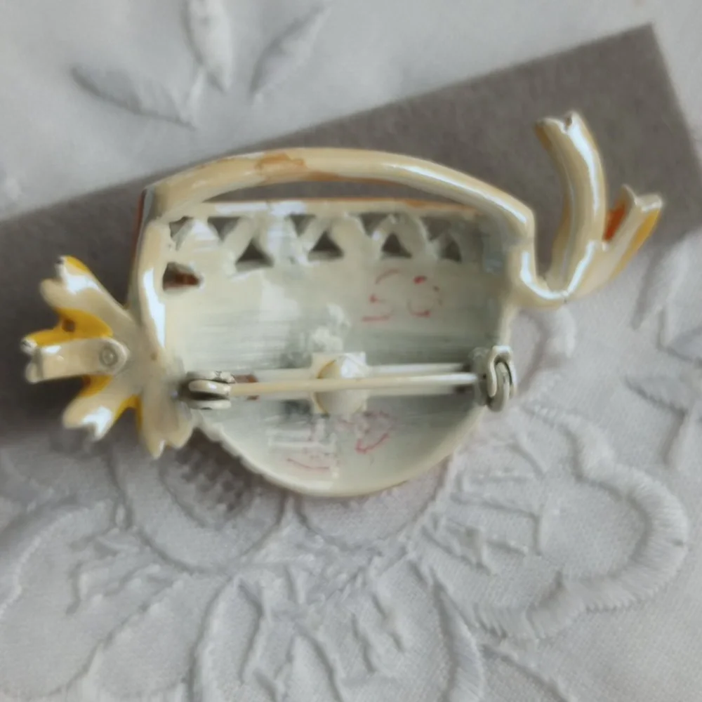Vintage BJ enamel woven flower basket pin yellow orange